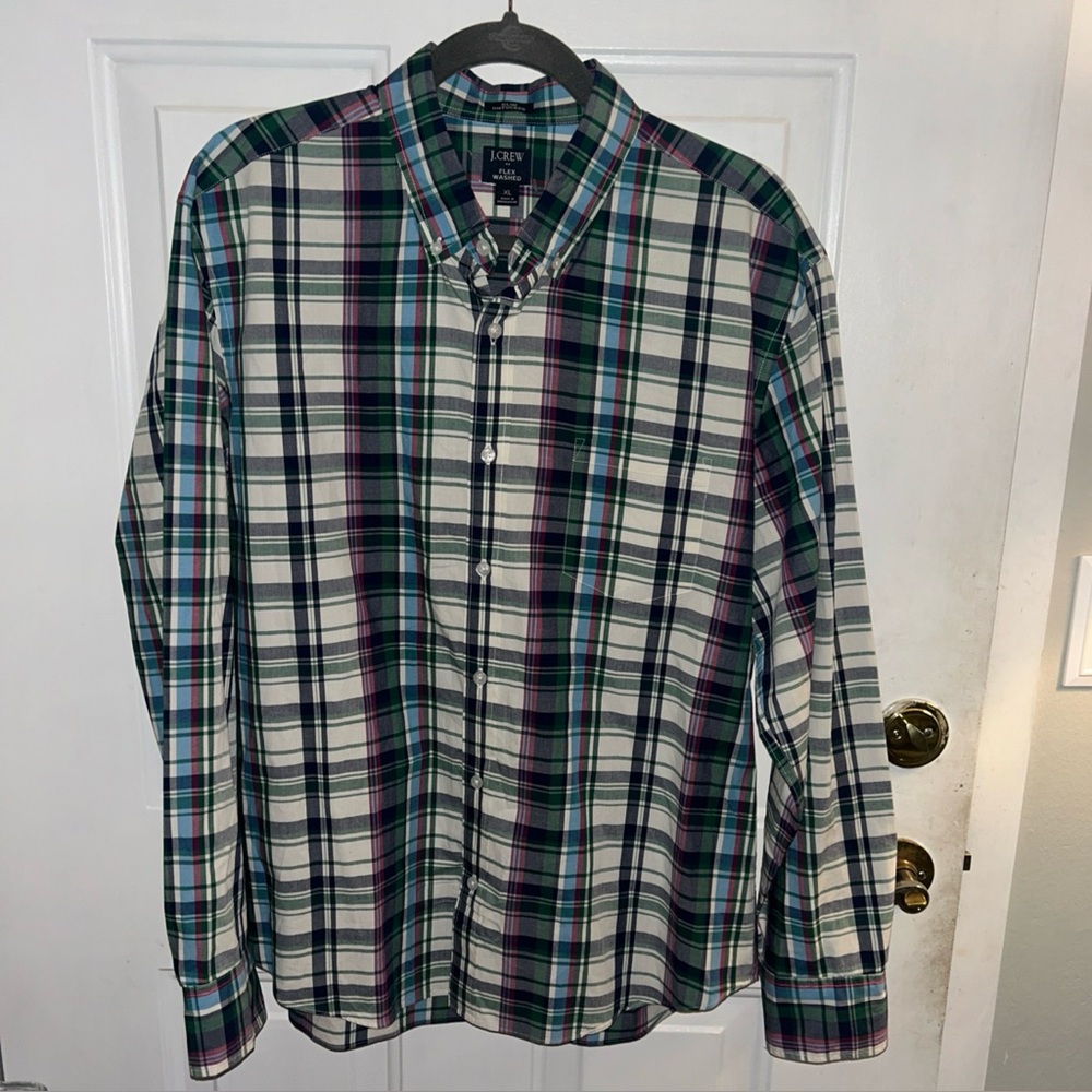 J Crew Flex Washed Slim Untucked 98 % Cotton Pocket  Men’s Button Up Size XL